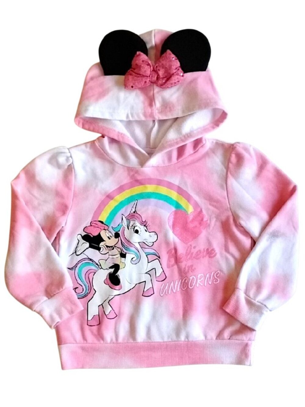 Disney Minney Mouse Believe In Unicorns Pullover Hoodie 3T Pink Bow Ears